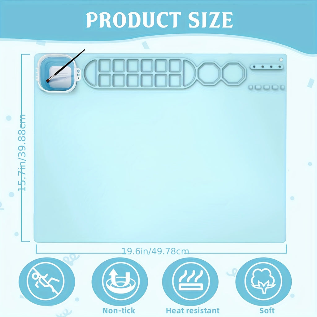 [Non-Stick Craft Mat] Non-Stick 19.6x15.7 Inch Silicone Craft Mat with Collapsible Cup | Large Sky Blue Art Mat, Foldable High Quality Design, Measurement Markings & Multi-Well Palette for Painting, Sculpting, Resin & Hot Glu