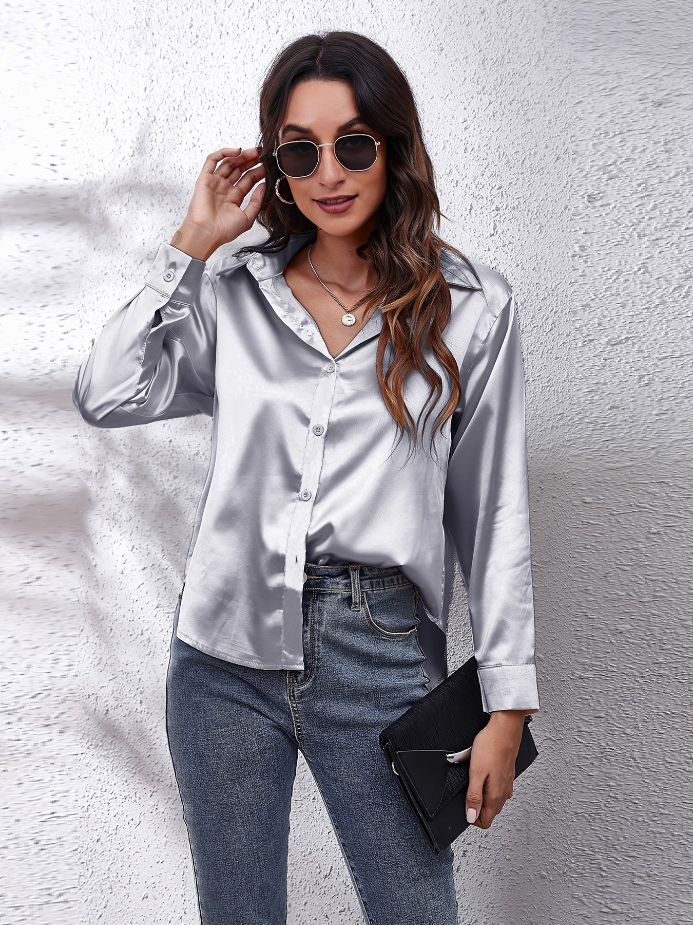 Hot Style In-Kind Shooting Satin Shirt Women'S Satin Imitation Long-Sleeved Shirt New European And American Cross-Border Women'S Clothing
