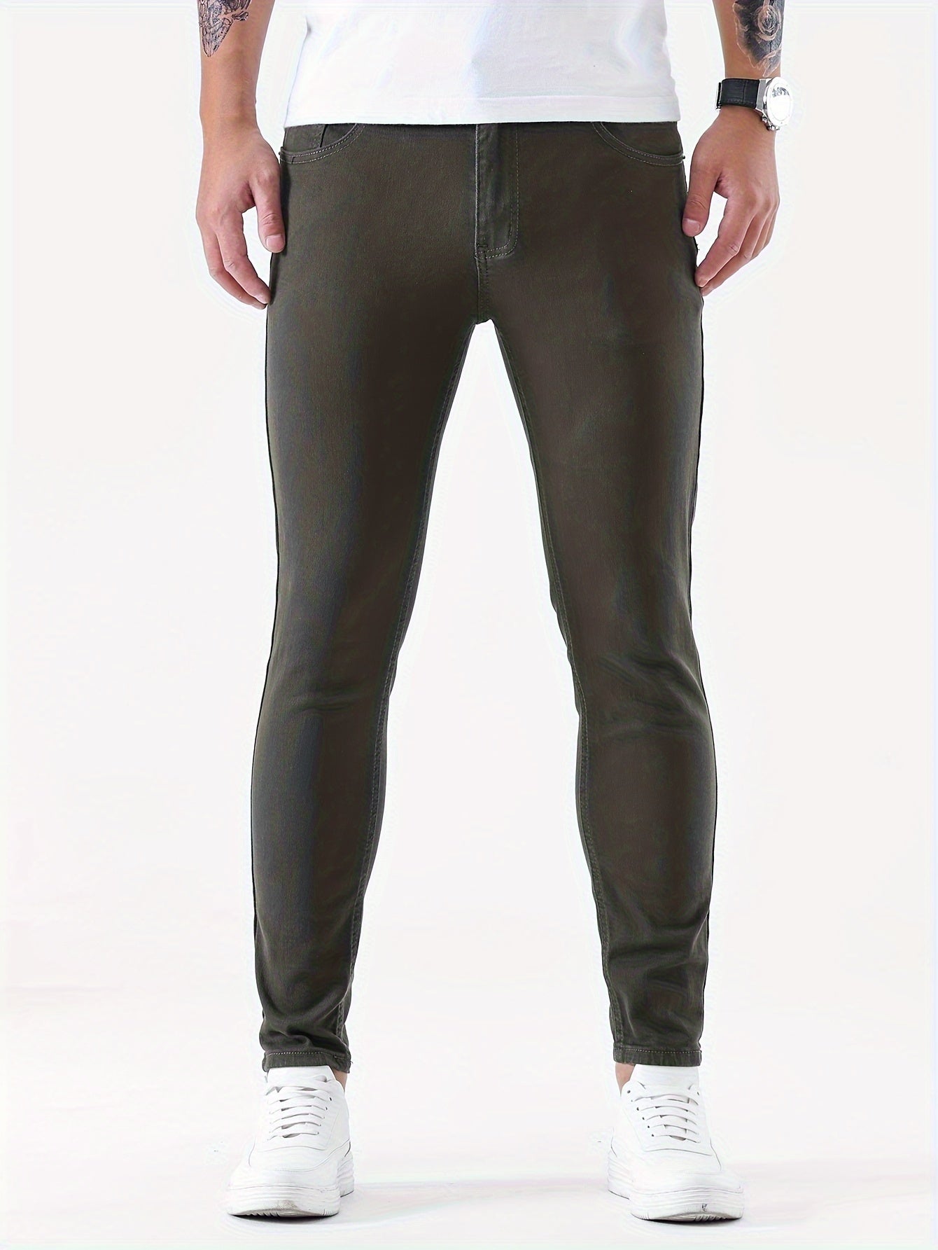 Mid Stretch Slim Fit Jeans, Men's Casual Street Style Contrast Stitching Denim Pants For Spring Summer