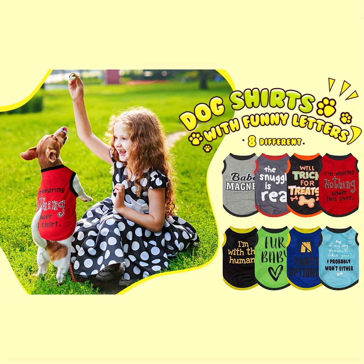 [Funny Dog Shirts] PAIAITE 8pcs Funny Dog Shirts - Soft Breathable Pet Outfits with "The Snuggles Are Real", "I'm Wearing Treats Under This Shirt", "Fur Friend" - Easy Slip-On Summer Apparel for Small Dogs & Cats in Grey/Blac