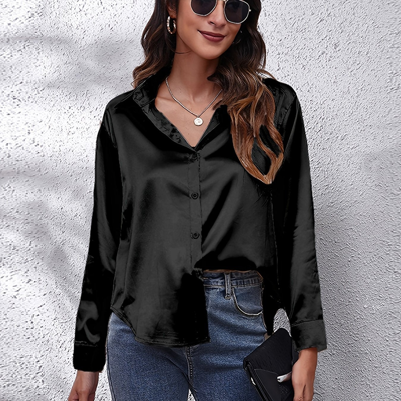 Hot Style In-Kind Shooting Satin Shirt Women'S Satin Imitation Long-Sleeved Shirt New European And American Cross-Border Women'S Clothing