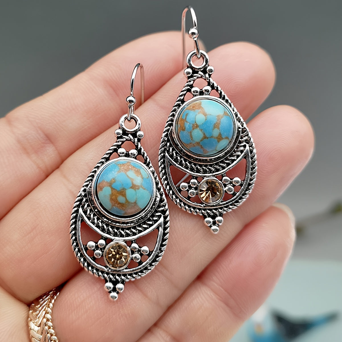 [Vintage Boho Earrings] Green Aventurine Vintage Boho Dangling Earrings | Alloy, English Style, Stainless Steel Ear Needle, for Daily Wear, Office, Street, Party, Vacation, Gift