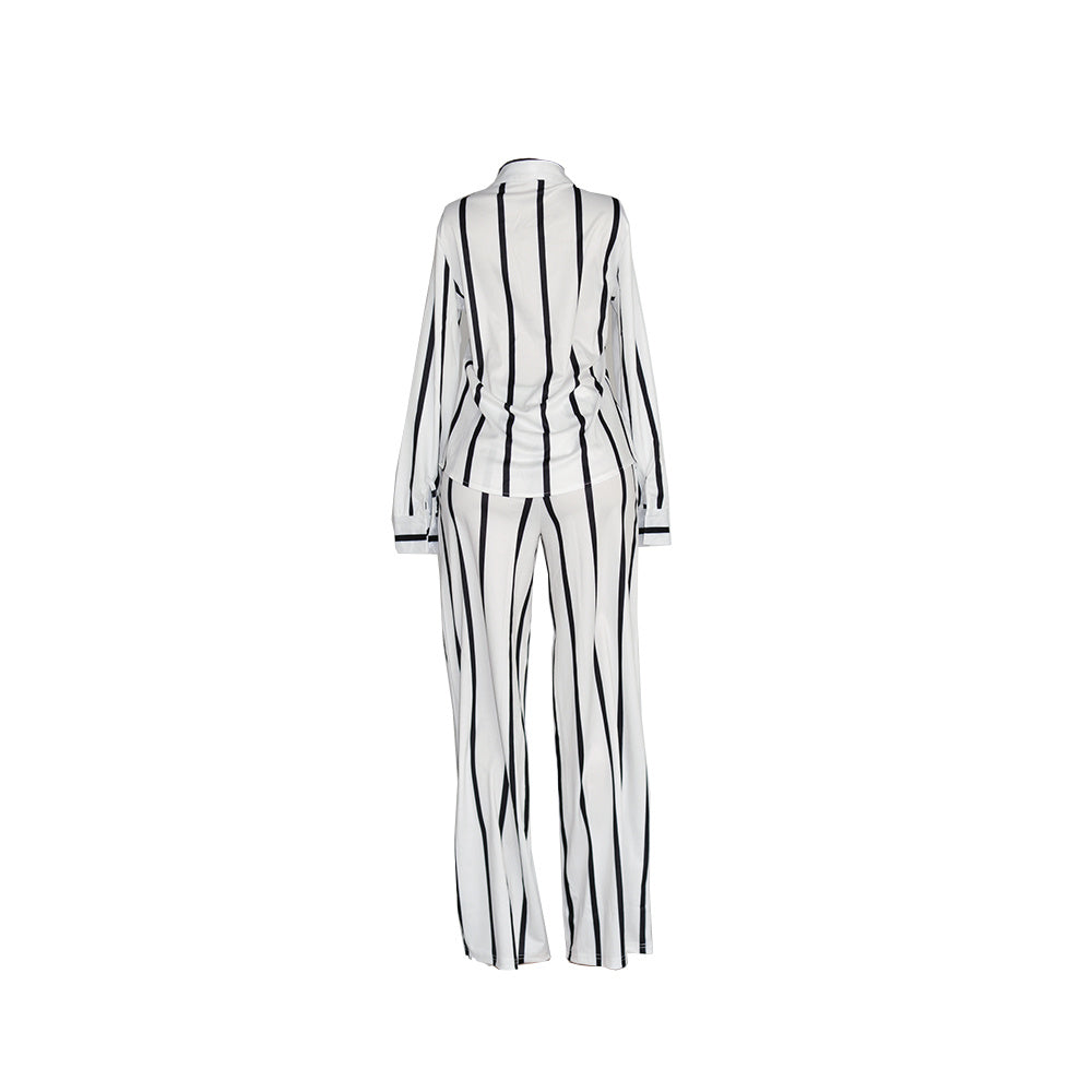 Women's Striped Print Two-piece Set - Button Front Collar Long Sleeve Shirt & High Waist Wide Leg Loose Pants Set - Casual Style - For Women - Perfect for Everyday Wear & Loungewear - Great Gift for Fashionable Women