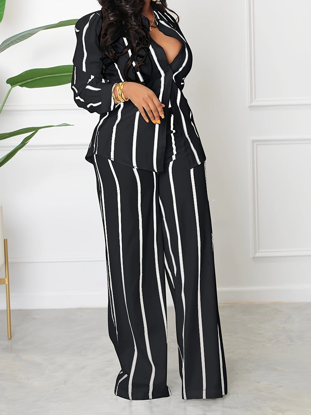 Women's Striped Print Two-piece Set - Button Front Collar Long Sleeve Shirt & High Waist Wide Leg Loose Pants Set - Casual Style - For Women - Perfect for Everyday Wear & Loungewear - Great Gift for Fashionable Women
