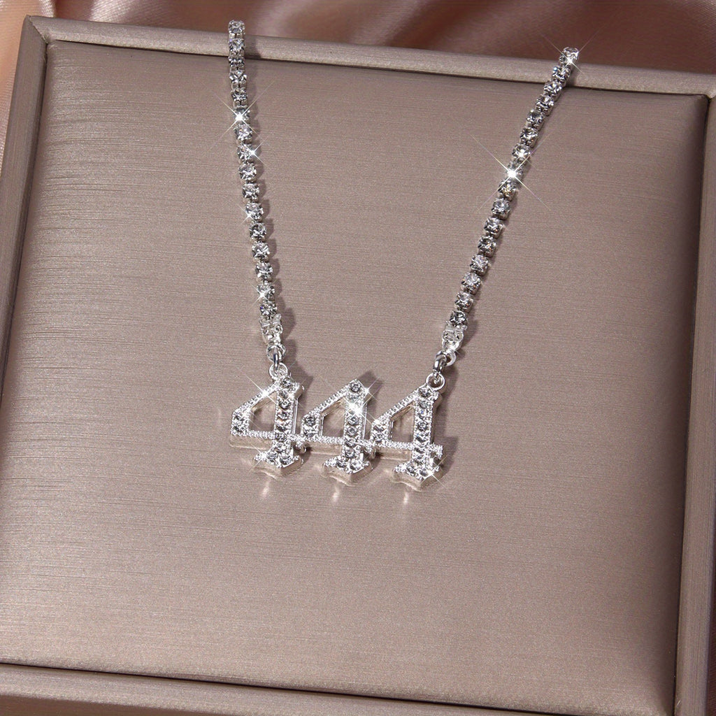 444 Angel Number Rhinestone Necklace - Silver Plated Zinc Alloy with Sparkling Stones, Daily & Party Occasion, Everyday Jewelry | Angelic Design | Rhinestone Chain, Angel Jewelry