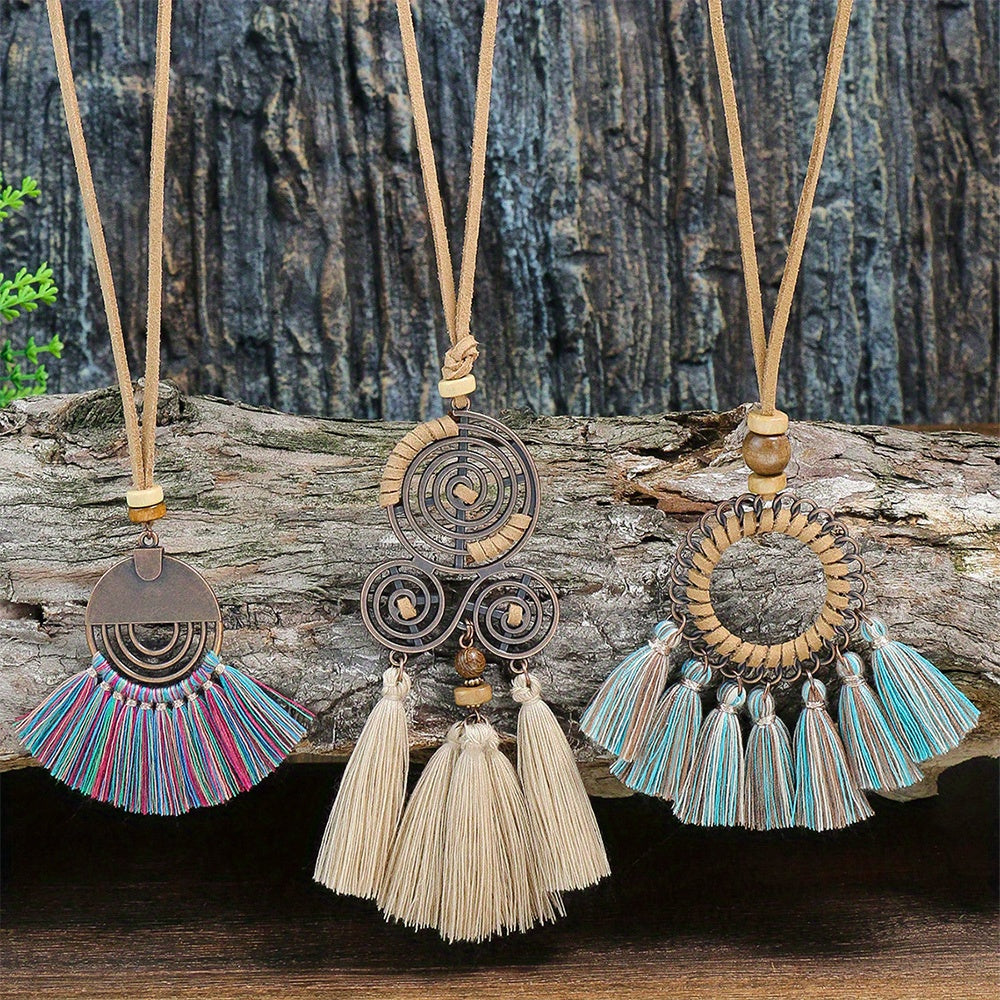 3pcs Ethnic Style Women's Fashion Pendant Necklace Set with Floral Tassel Pendant, Bronze Enamel Drip Zinc Alloy with Glass Rhinestone Inlay, Vintage Necklace