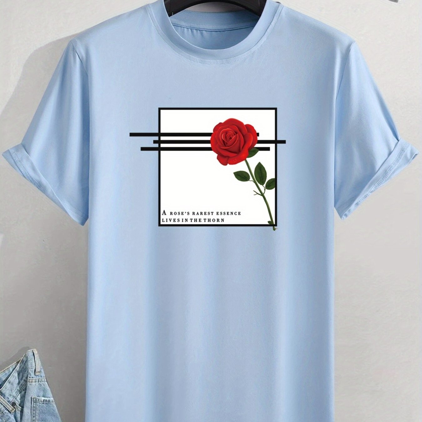 Men's Letter And Rose Graphic Crew Neck T-Shirts, Casual Sport Tees For Spring Summer