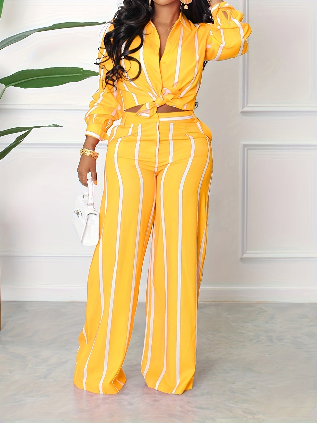 Women's Striped Print Two-piece Set - Button Front Collar Long Sleeve Shirt & High Waist Wide Leg Loose Pants Set - Casual Style - For Women - Perfect for Everyday Wear & Loungewear - Great Gift for Fashionable Women