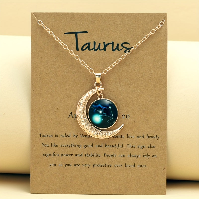 Glow-in-the-Dark Zodiac Necklace with Vintage Moon Pendant - Stylish Aquarius/Sagittarius/Leo/Leprechaun/Night & Sun Signs, Colorful Glass Charms, Zinc Alloy, Perfect Gift for Men