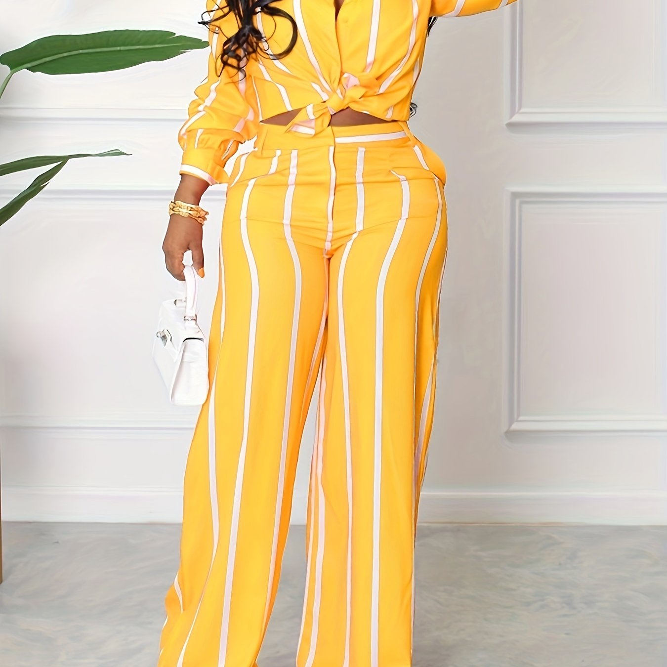 Women's Striped Print Two-piece Set - Button Front Collar Long Sleeve Shirt & High Waist Wide Leg Loose Pants Set - Casual Style - For Women - Perfect for Everyday Wear & Loungewear - Great Gift for Fashionable Women