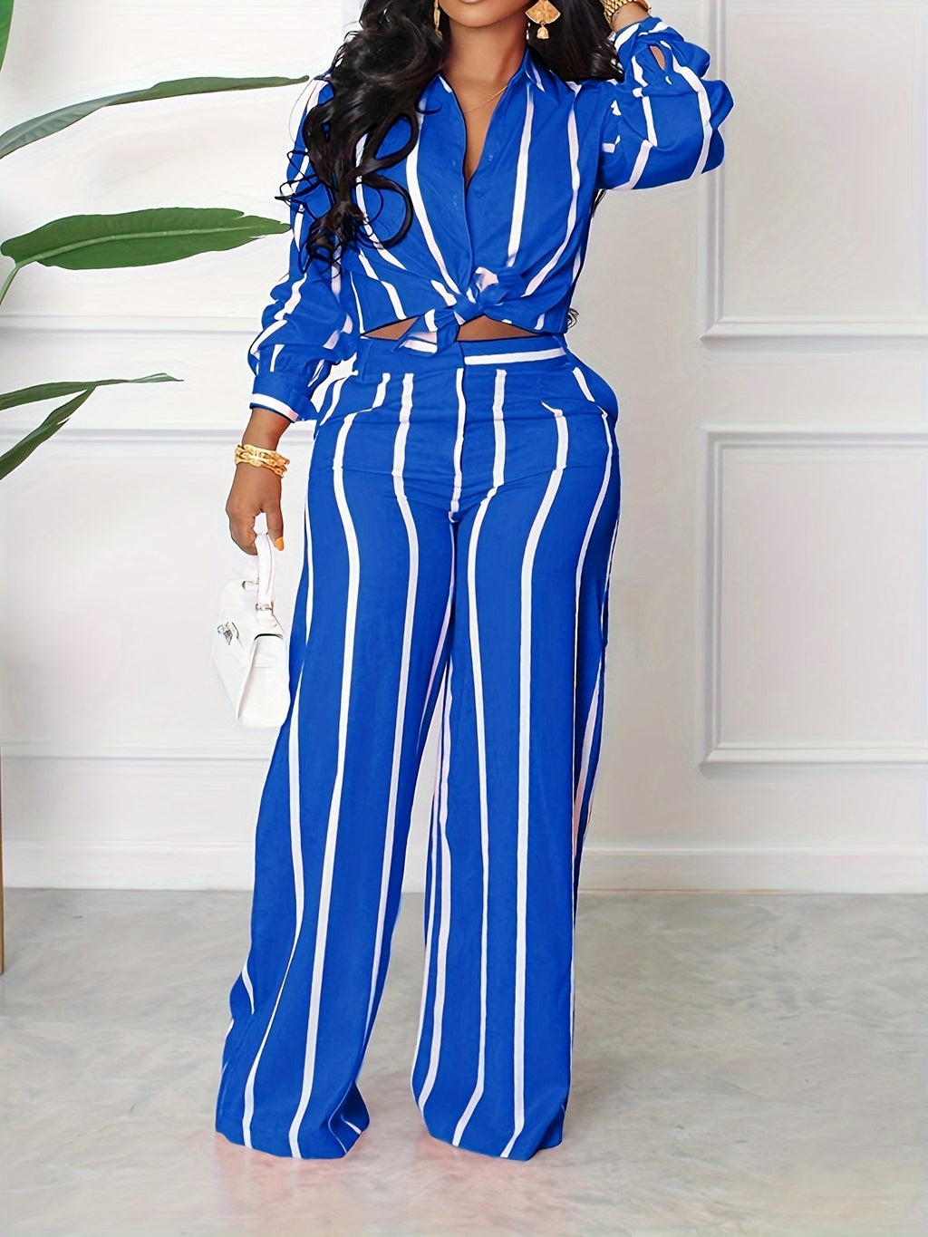 Women's Striped Print Two-piece Set - Button Front Collar Long Sleeve Shirt & High Waist Wide Leg Loose Pants Set - Casual Style - For Women - Perfect for Everyday Wear & Loungewear - Great Gift for Fashionable Women